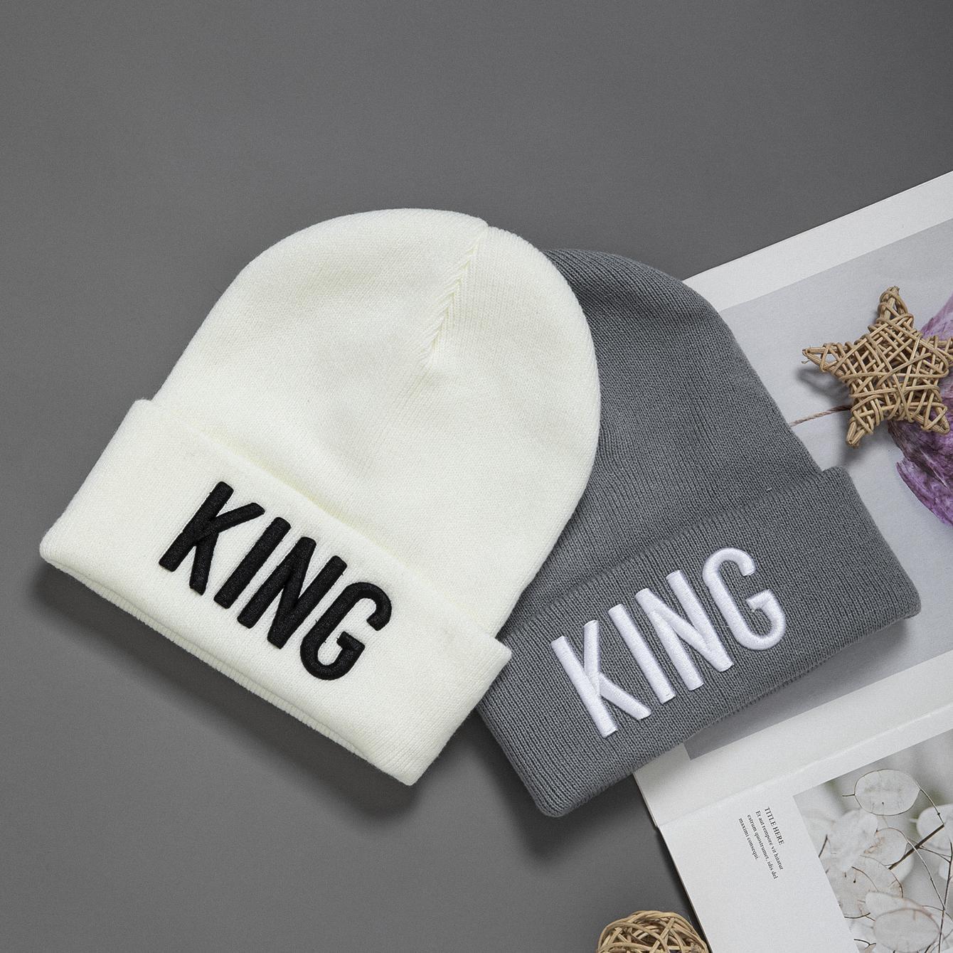 

2pcs "king" Embroidered Beanie Hats - Warm, Sporty With Ear Protection, Design For , Autumn & Winter, Solid Color, Acrylic, Ear Protection Caps|embroidered Hat|cozy Winter Wear