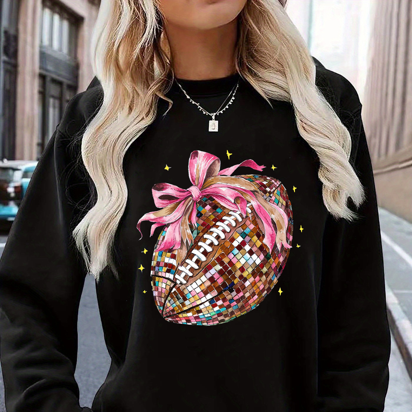 

Women's Casual Crew Neck Sweatshirt With Knit Polyester Fabric - Long Sleeve Pullover With Alphabet Football Design For Fall & Winter