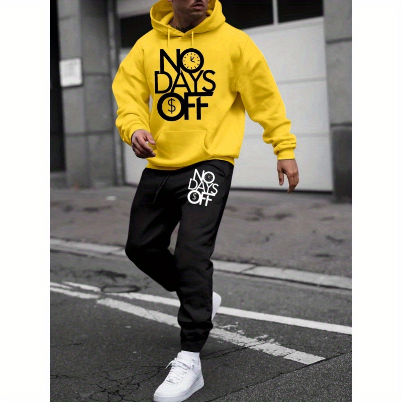 

No Days Off Men's Hooded Sweatsuit – 100% Polyester Knit Fabric, Casual Print Patterned Long Sleeve Sweatshirt & Joggers Set, Slight Stretch Athletic Fit