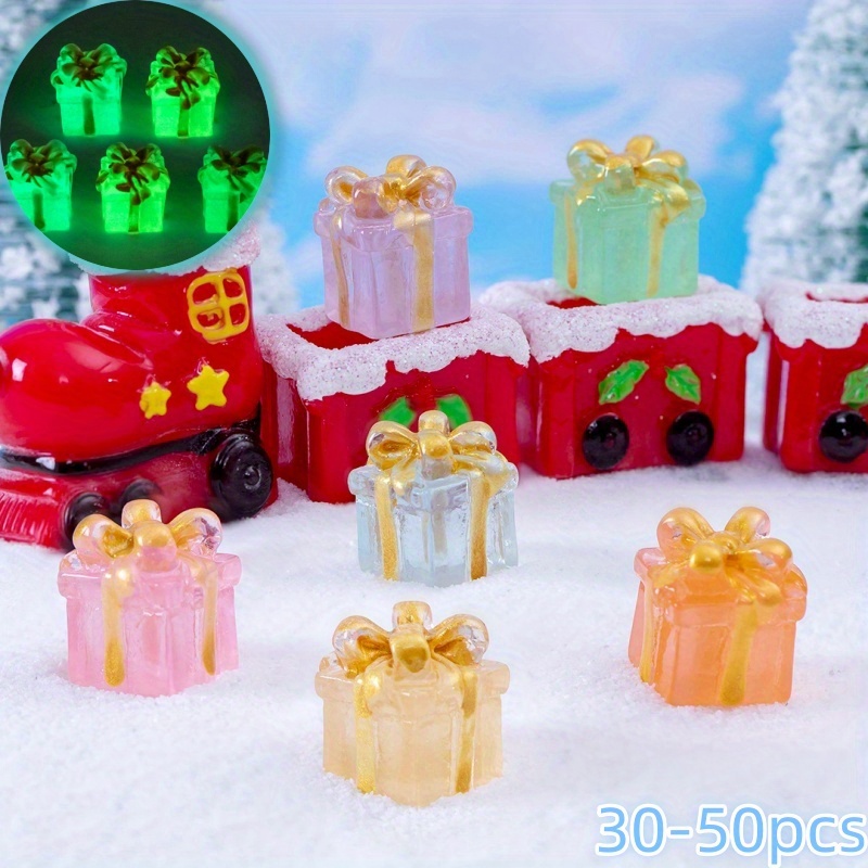 

30/50pcs Glow-in-the-dark Christmas Gift Box Figurines, Resin Craft Moss Aquarium Decor, Miniature Room Decor Accessory, Diy Fairy Garden Animal-themed Ornaments, Holiday Present For Ages 14+