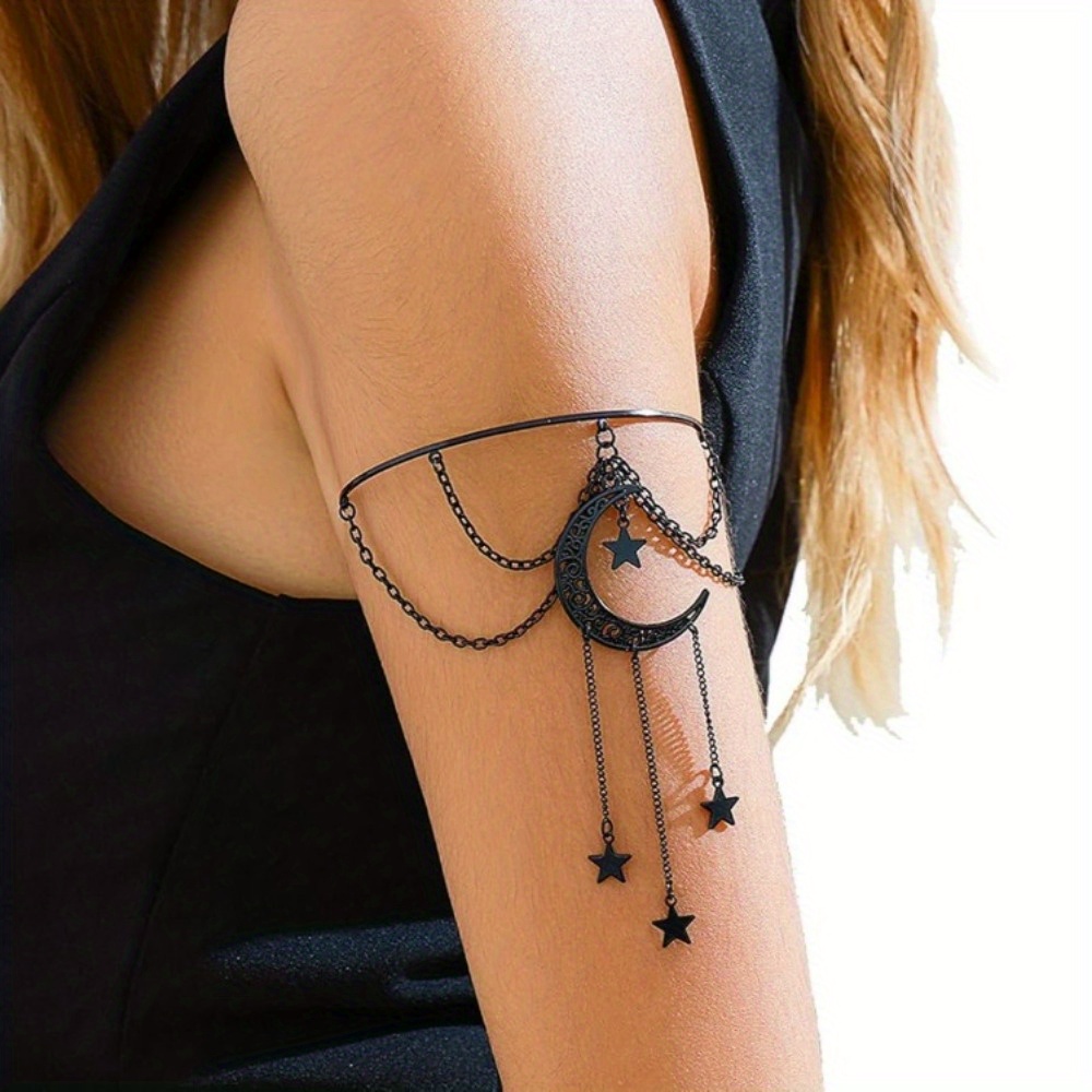 

Gothic Black Upper Arm Cuff With Moon And Star Tassels, Punk Iron Armlet For And Parties, Versatile Season Accessory For Women