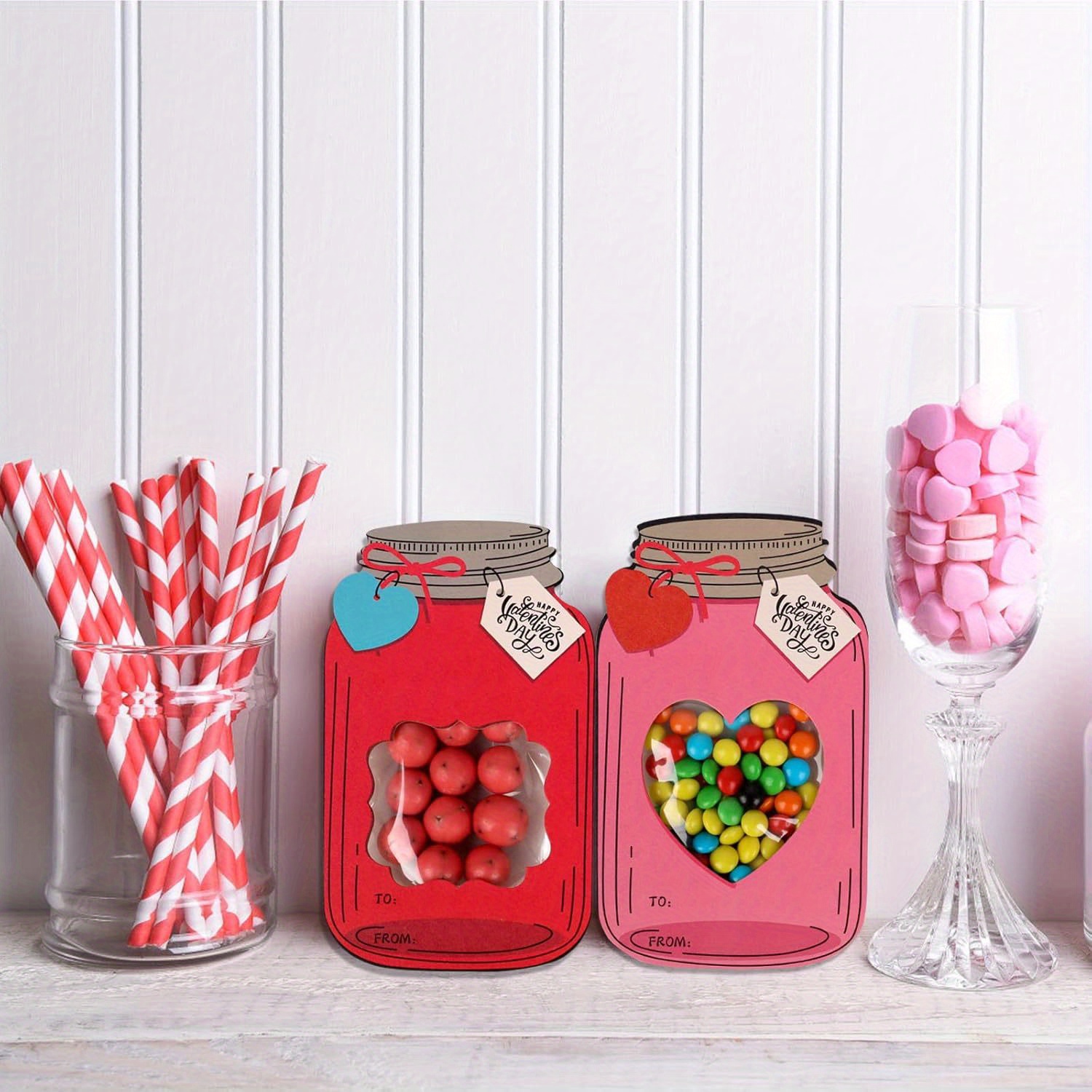 

50pcs Valentine's Day Mason Jar Gift Bags, Color Plastic & Paper Candy Bags With Card, Party Favor Wrapping For Treats And Gifts