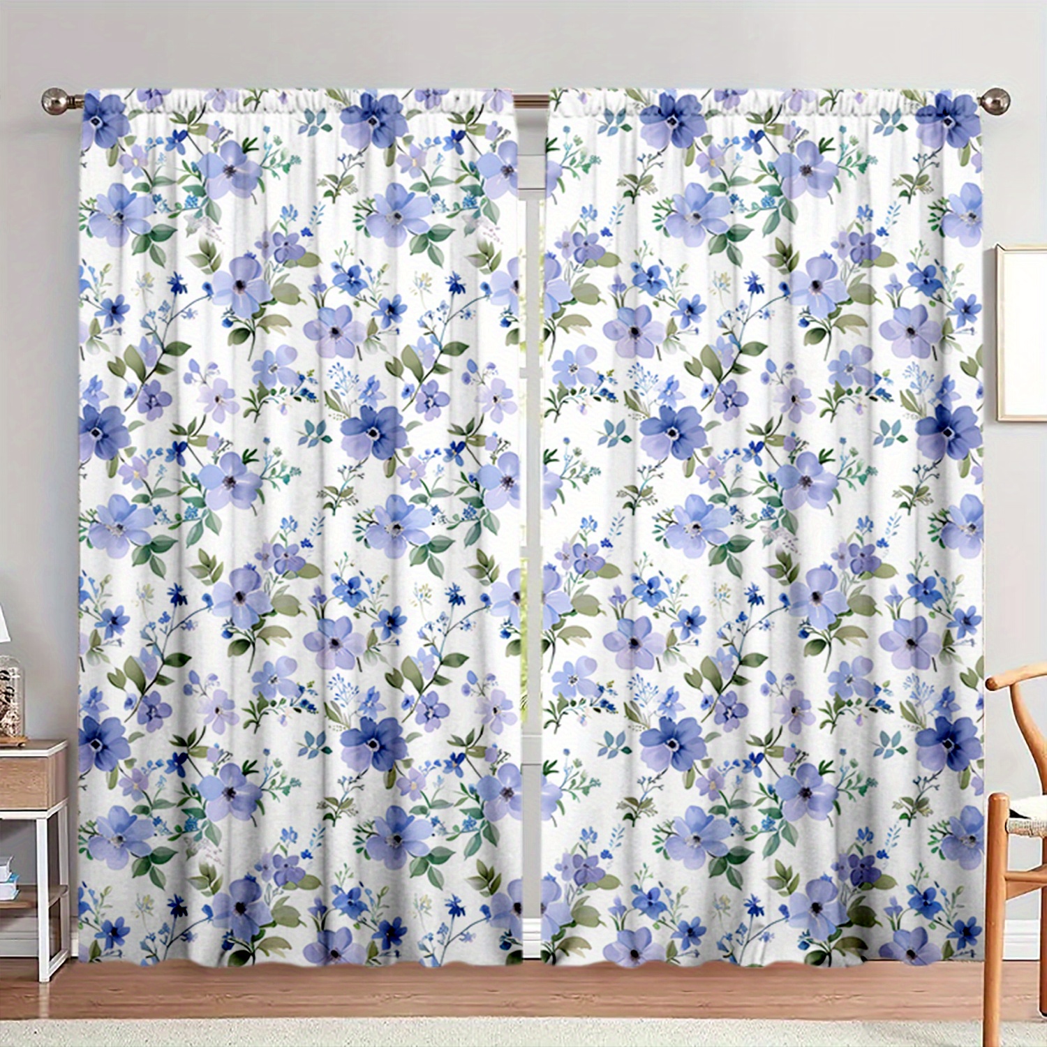 

2-pack Classic Blue Floral Printed Semi-sheer Curtains - Polyester Peach Skin Velvet Woven Drapes With Rod Pocket For Bedroom, Living Room, Office, Study - Vintage Flower Pattern Window Treatments