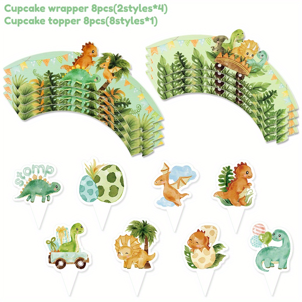 16pcs Dinosaur Theme Cupcake Topper Wrapper Cartoon T Rex Cake Decoration For Dinosaur Birthday Party Decorations, Baby Shower Decor, Halloween, Christmas