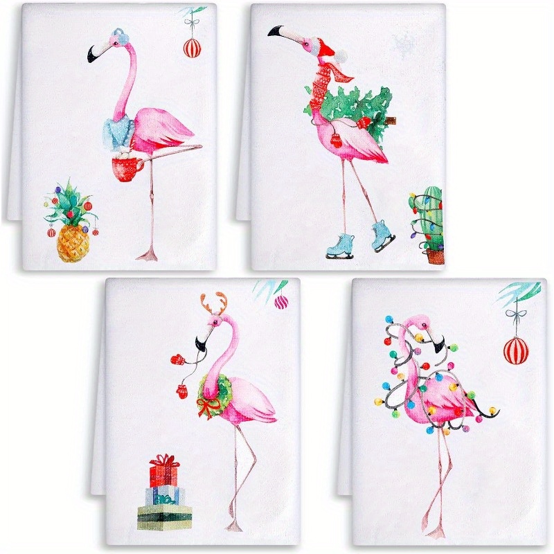 

Flamingo 4pcs Christmas Hand Towel Set - Polyester, Machine Washable, - Perfect Housewarming Or Holiday Gift, Bathroom Decor, 18x26 Inches