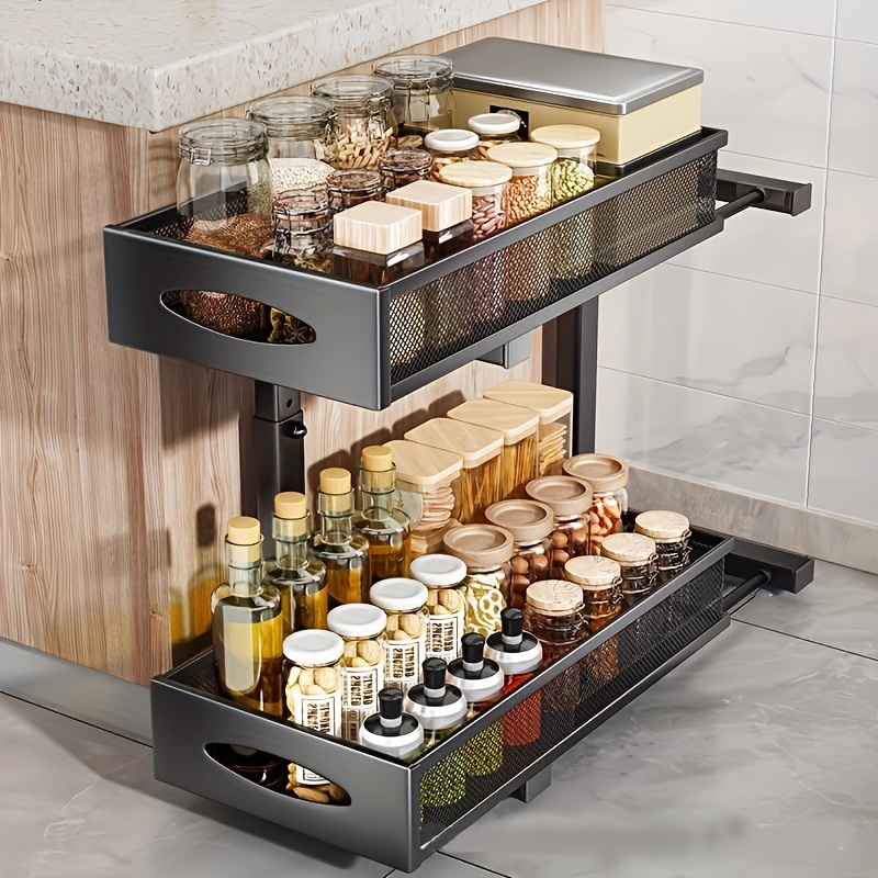 Image of Cabinet Organizer Under Sink, 2-tier Pull-out Metal Basket With Mesh Sliding Drawers For Large Capacity Slide-out Storage Shelves In Kitchens, Bathrooms, Pantry, Countertops
