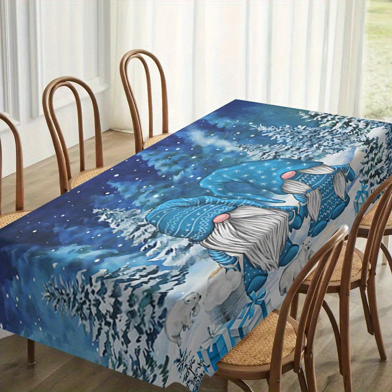 

Christmas-themed Waterproof Tablecloth - Blue Dwarf & Snow Print, Rectangular Polyester, Perfect For Holiday Dining & Kitchen Decor