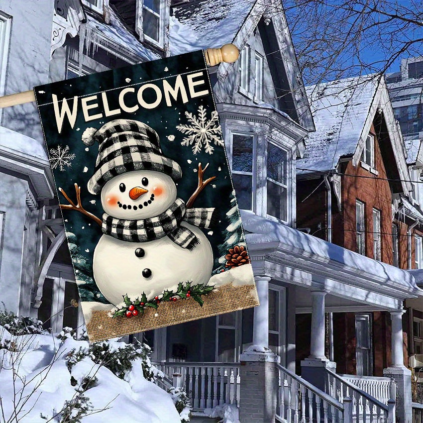 

Snowman Garden Flag - 28" X 40" Double-sided Decorative Flag With Buffalo Check Hat, Festive Snowflakes - Polyester, No Power Needed, For Home Farmhouse Decoration (1pc)