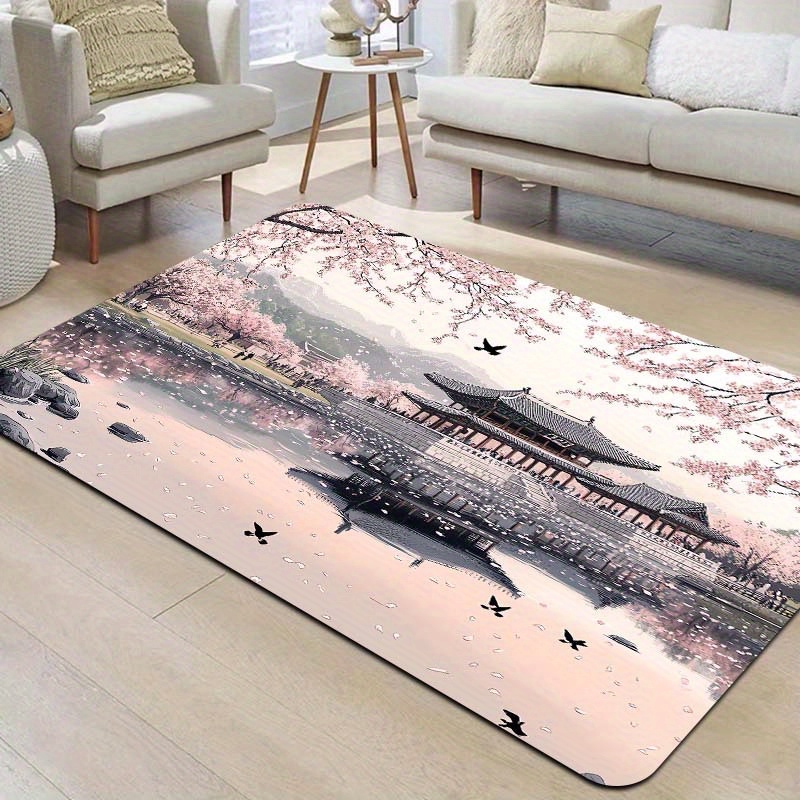 

Cherry Blossom Seasonal Floor Mat - For Gaming Room, Bathroom, Kitchen & More - Machine Washable Polyester With Non-slip Pvc Backing, Bathroom Floor Mat