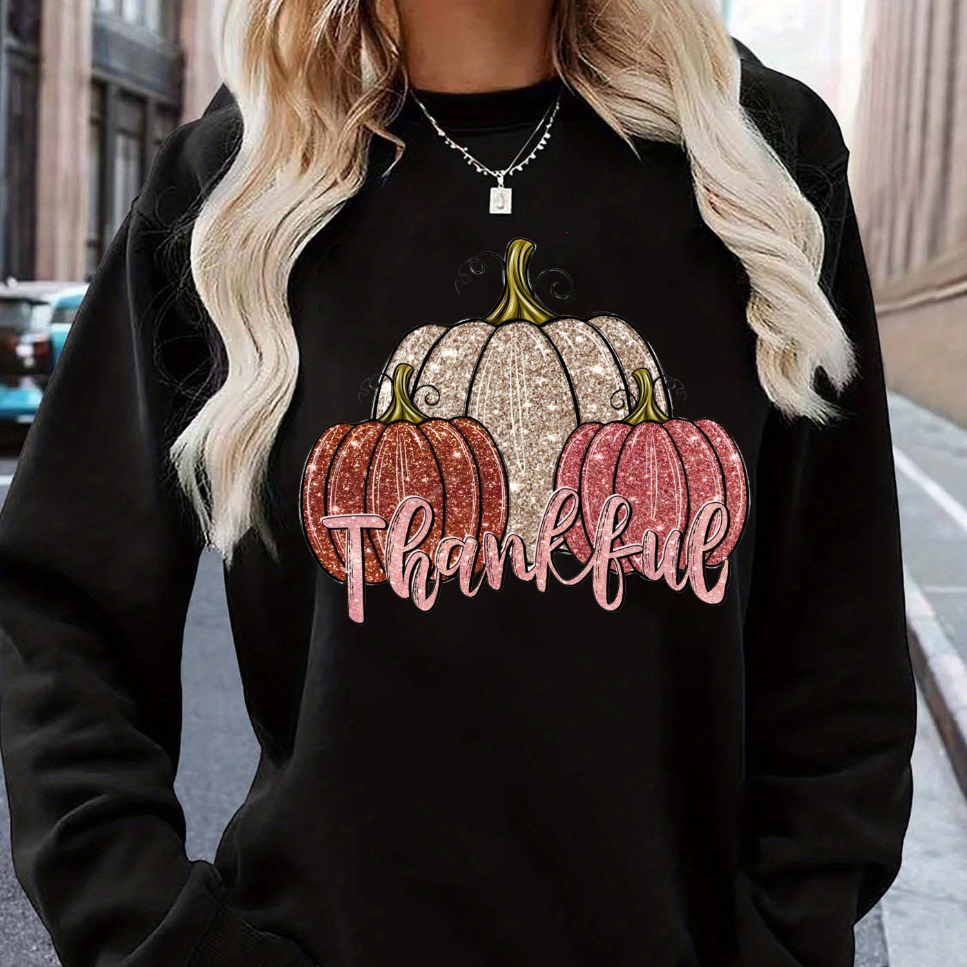 

Thanksgiving Pumpkin Print Sweatshirt, Casual Long Sleeve Crew Neck Pullover Top For Fall & Winter, Women's Clothing