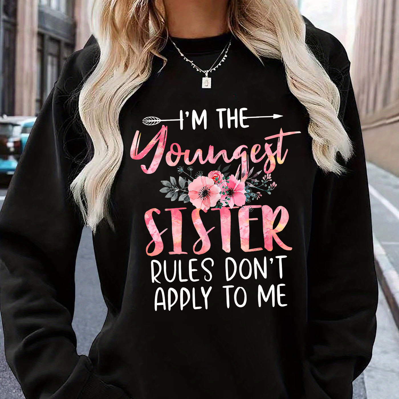 

Cozy 'i'm The Sister' Graphic Crew Neck Sweatshirt - Long Sleeve, Polyester , Machine Washable - Fall & Winter, Women's Casual Pullover