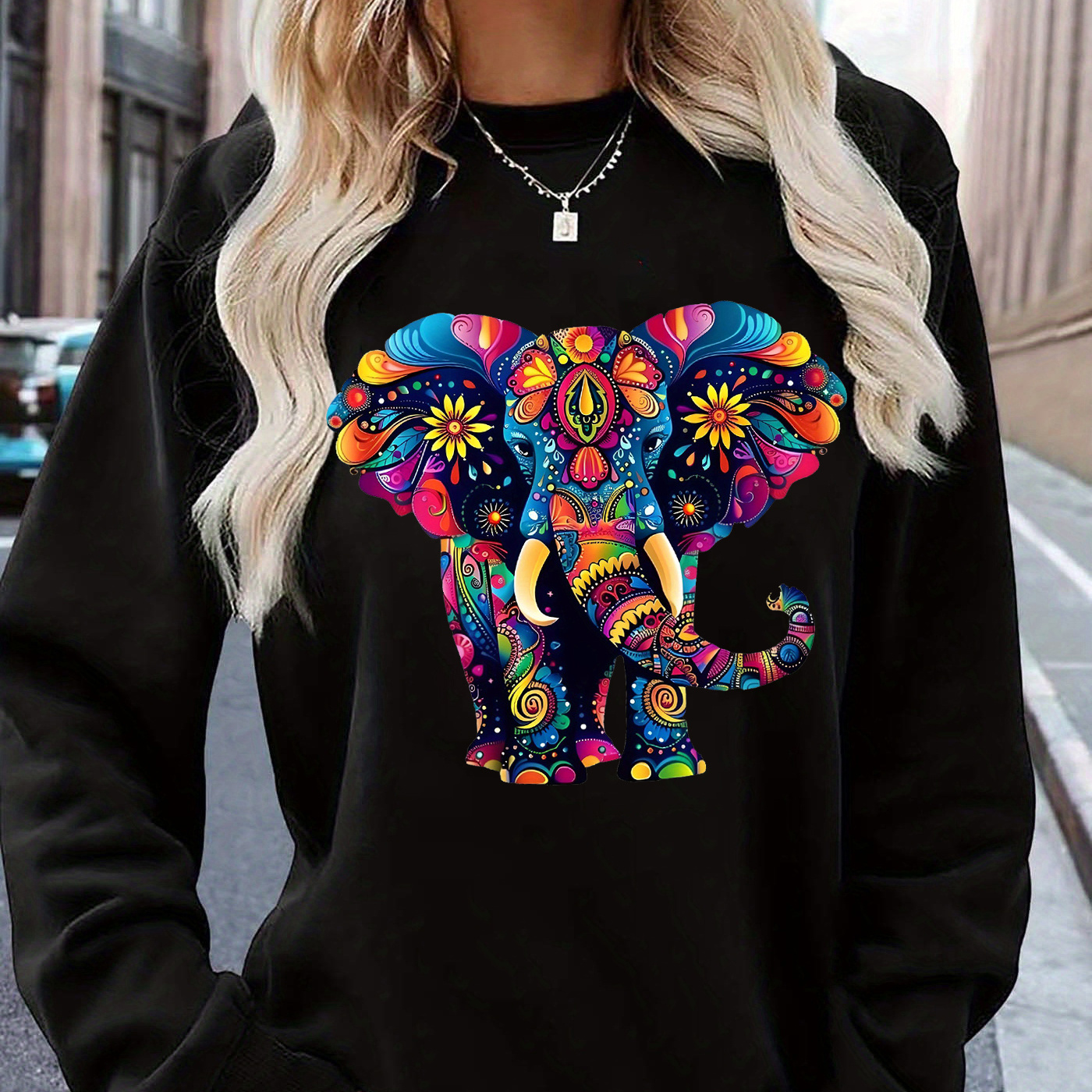 

Sweatshirt au , Imprimé Éléphant -Chic - Col Rond Confortable à Manches Longues pour Femme, pour & l'Hiver