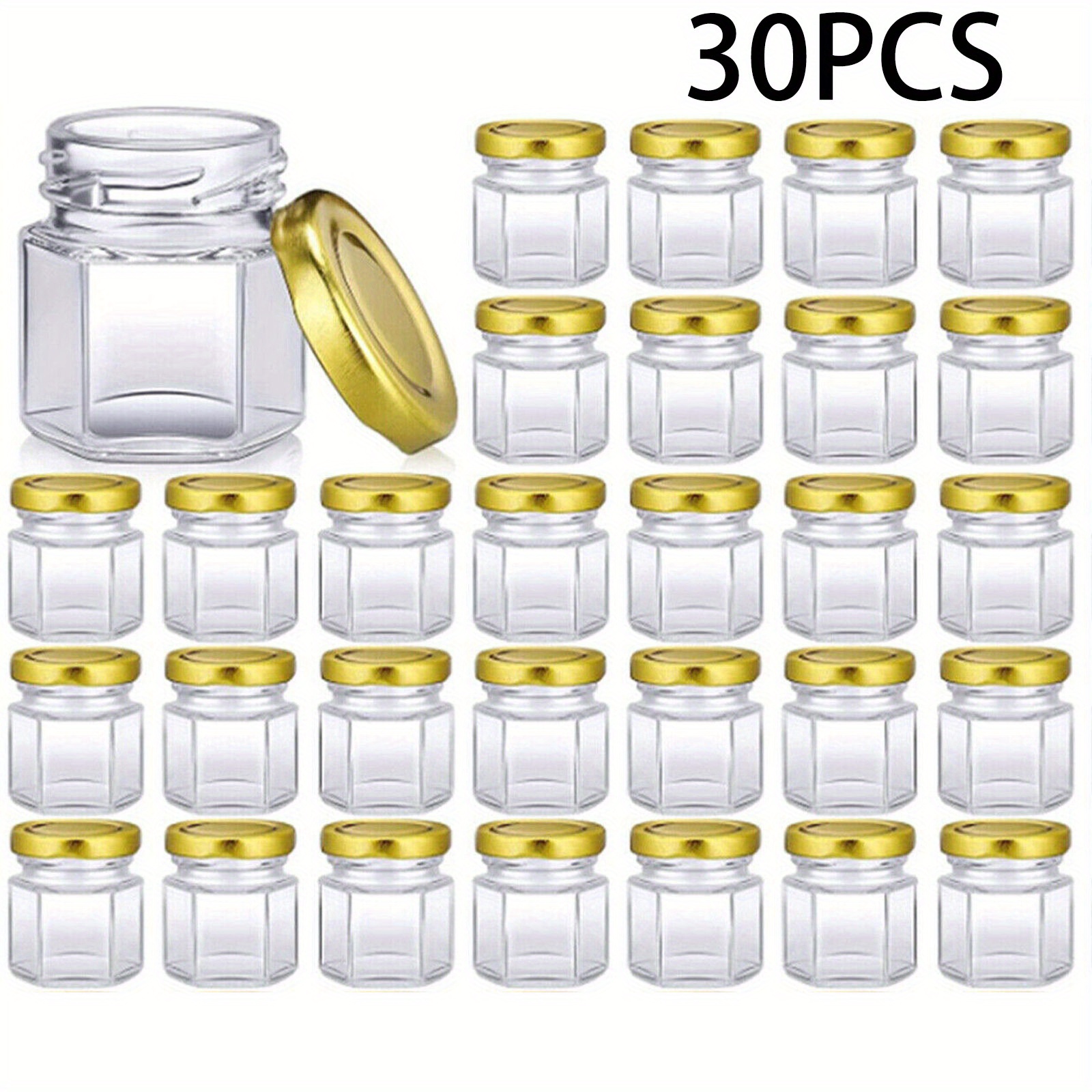 TEMU 30pcs Hexagon Glass Jars With Golden Lids 45ml Mini Canning Jars Containers For Spice Jam, Jelly, Wedding Favors, Honey And More Small Jars