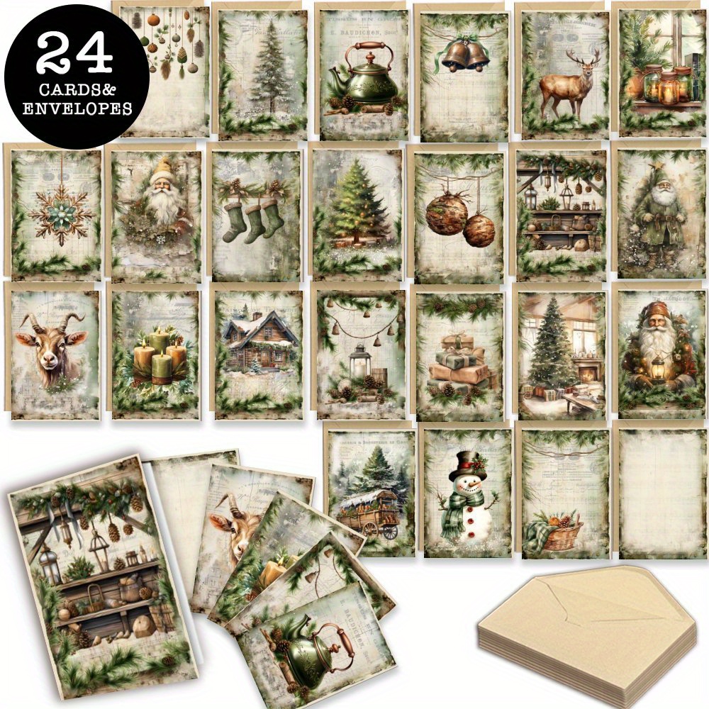 

24-pack Vintage Christmas Card Set With Envelopes - Blank Inside, Holiday Greetings, Paper Material, No Feather, For , And Thanksgiving