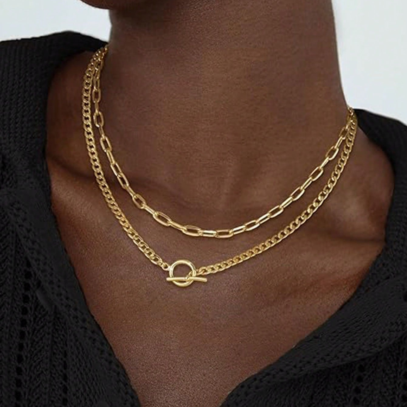 

2 Pcs/set Fashion Chunky Gold Layered Necklaces Trendy Link Paperclip Chain Toggle Clasp Necklace For Women