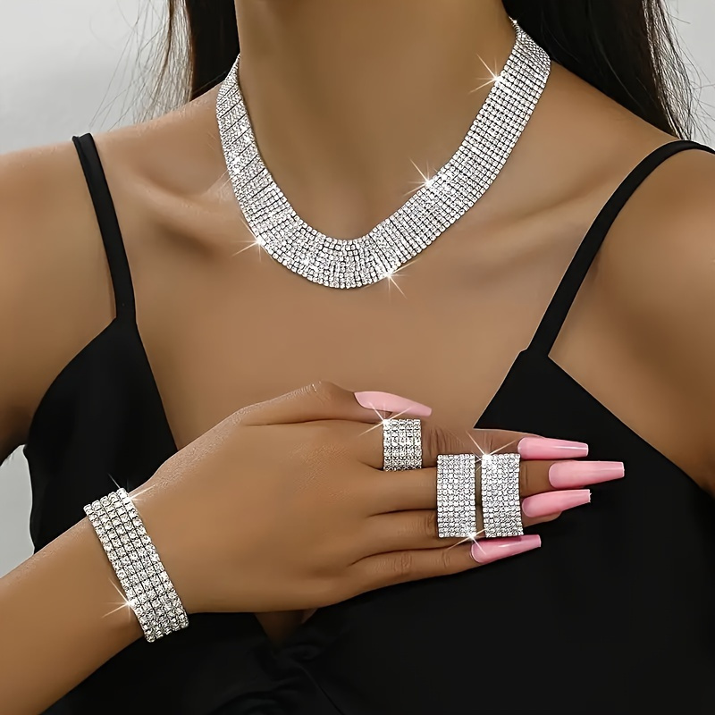 TEMU Luxury Sparkling Jewelry Set Copper Rhinestone Silver Plated Necklace And Earrings Set Engagement Bridal Jewelry Set For Wedding Jewelry