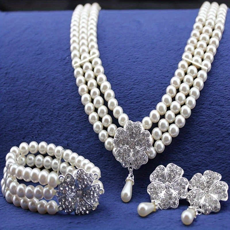 

1920s Pearl Jewelry Set, Including Vintage Earrings, Layered Pearl Necklace, Bracelet, Suitable For Women