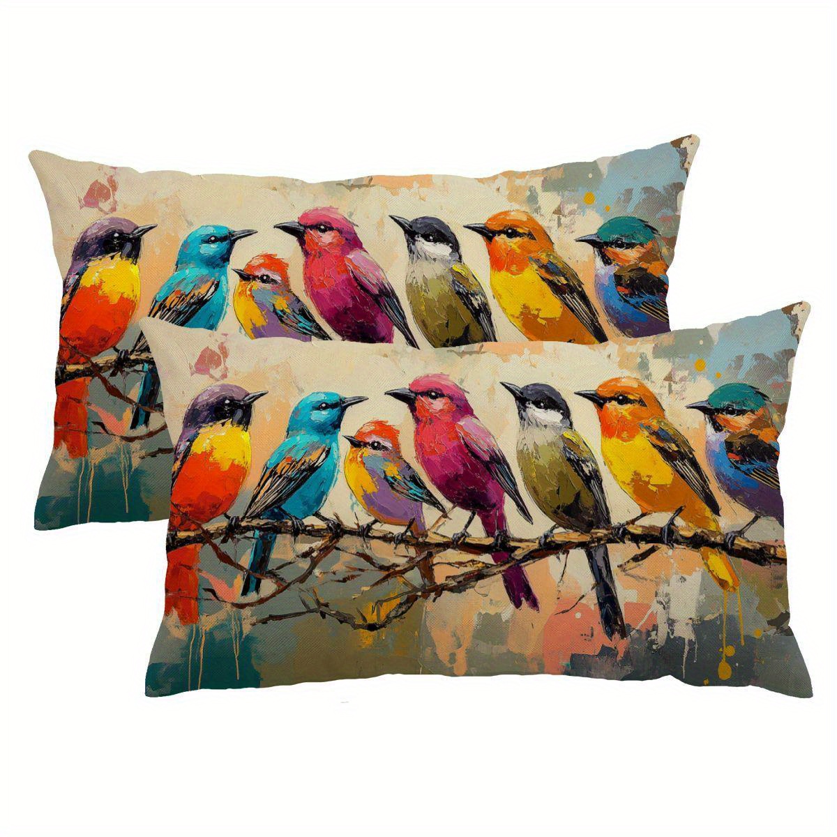 

2pcs Watercolor Birds Zipper Closure Linen Throw Pillow Cover 12x20inch Decor, Room Decor