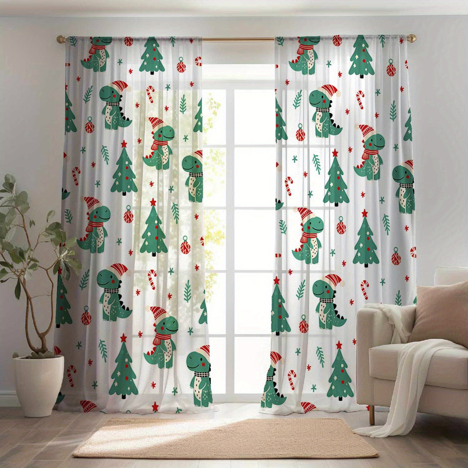 

Festive Christmas Dino Print Curtains: Adorable Dinosaurs In Hats And Scarves Decorate , Seasonal Curtains Your Living Room Or Bedroom