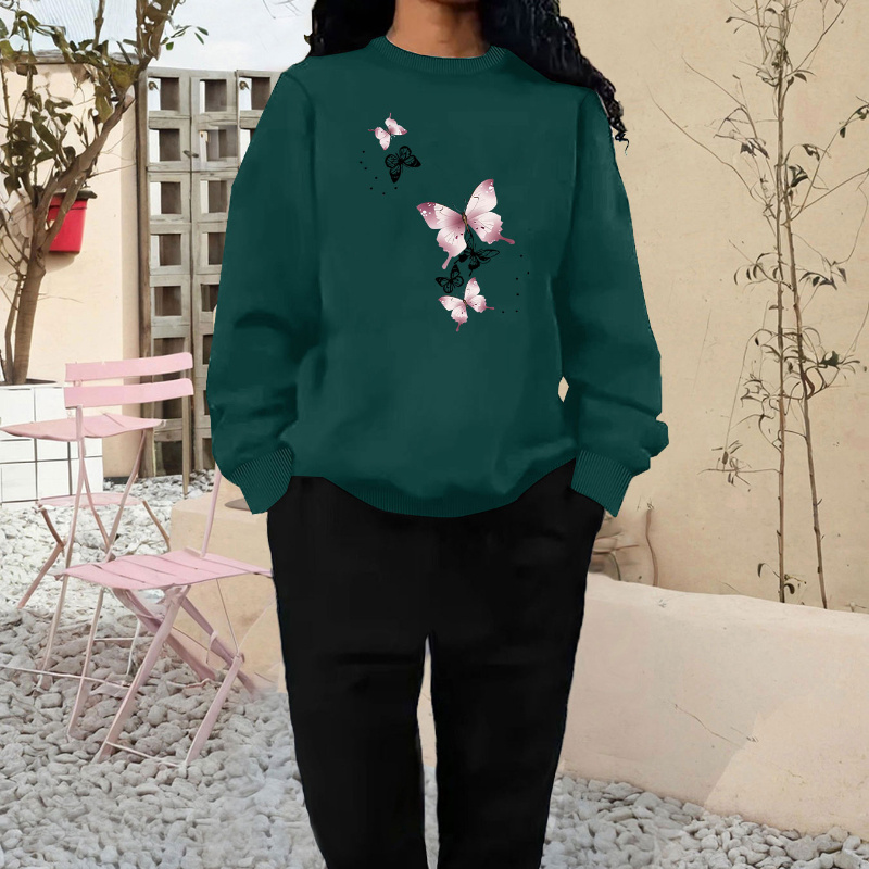 

Women's Casual Knit Polyester Tracksuit With Butterfly Print - Crew Neck Sweater And Pants Set For Fall/winter