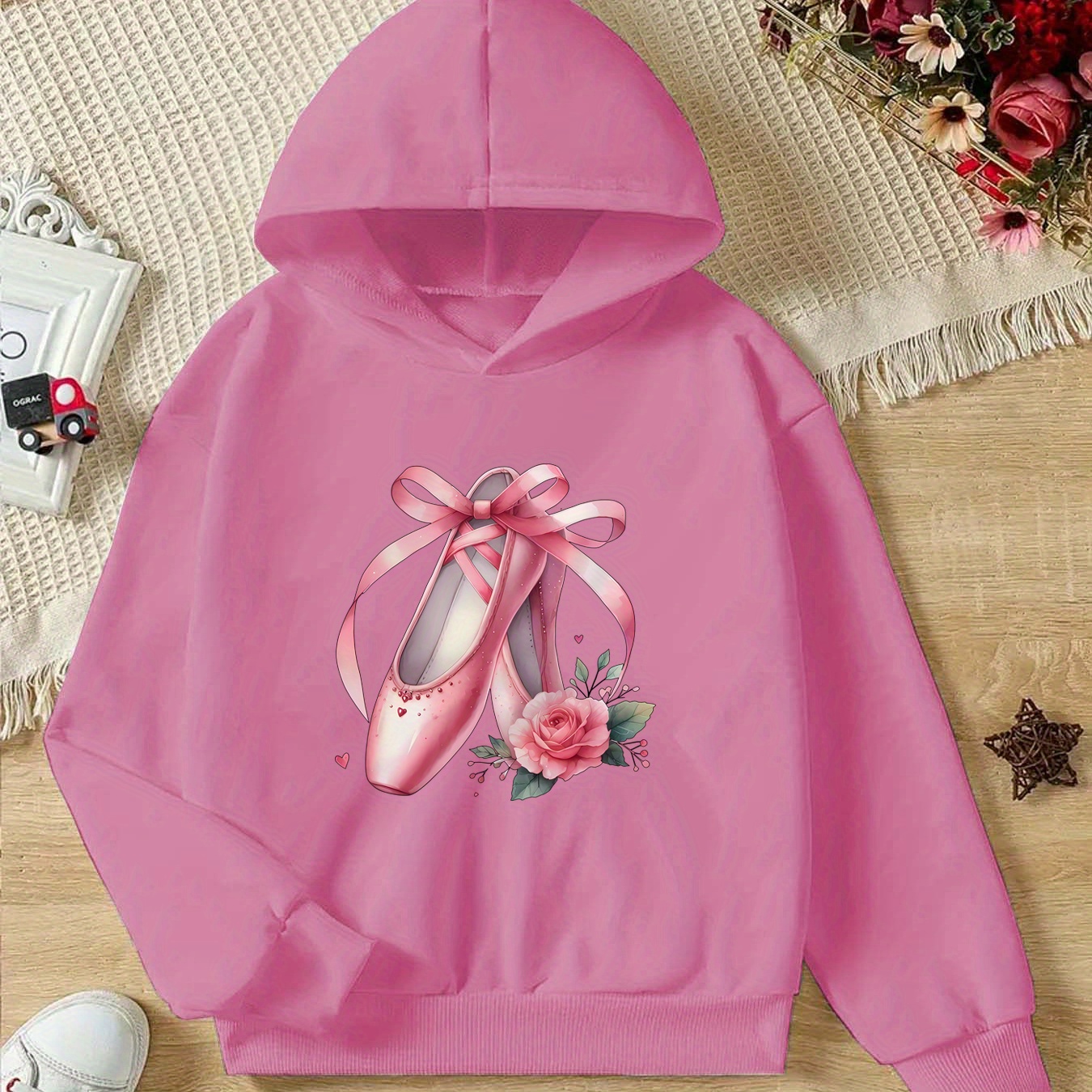 

Kids' Ballet Slipper Print Hoodie - Casual Loose-fit Polyester Knit Fabric, Hooded Top With Stretch For Children, , Ideal For Wear, Spring/fall Season Suitable