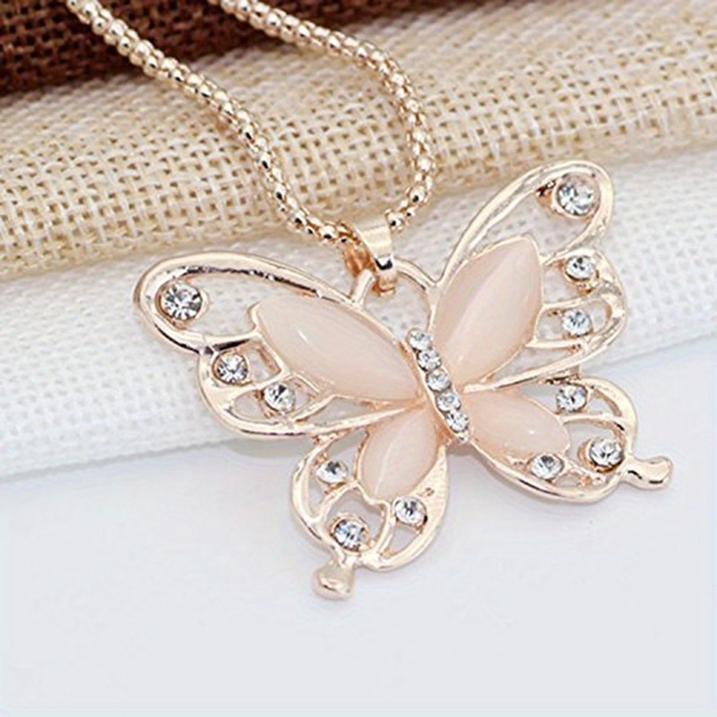 

1pc Vintage Boho Style Rose Golden Alloy Butterfly Pendant Necklace With Rhinestone Accents For Women - All Season Elegant Jewelry For Daily And Party Wear