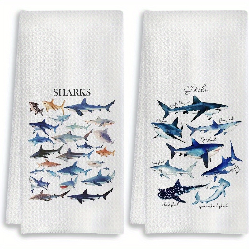 

2-pack Shark Towels, 18x26 Inches, Modern Polyester Blend, Soft Dish Towels For Kitchen, Bathroom Decor, Coastal Beach Style, Machine Washable, Rectangular Towels