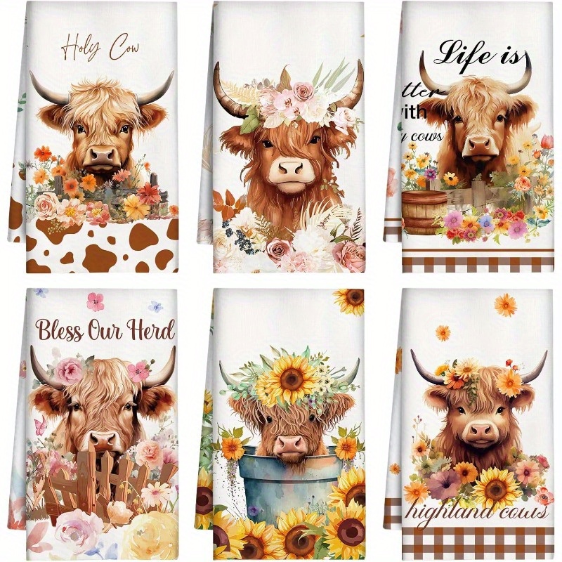 

6pcs Modern Highland Cow Sunflower Polyester Kitchen Towels, Super Soft Absorbent Oblong Woven Towels For Farmhouse Decor, Machine Washable, 18*26 Inch