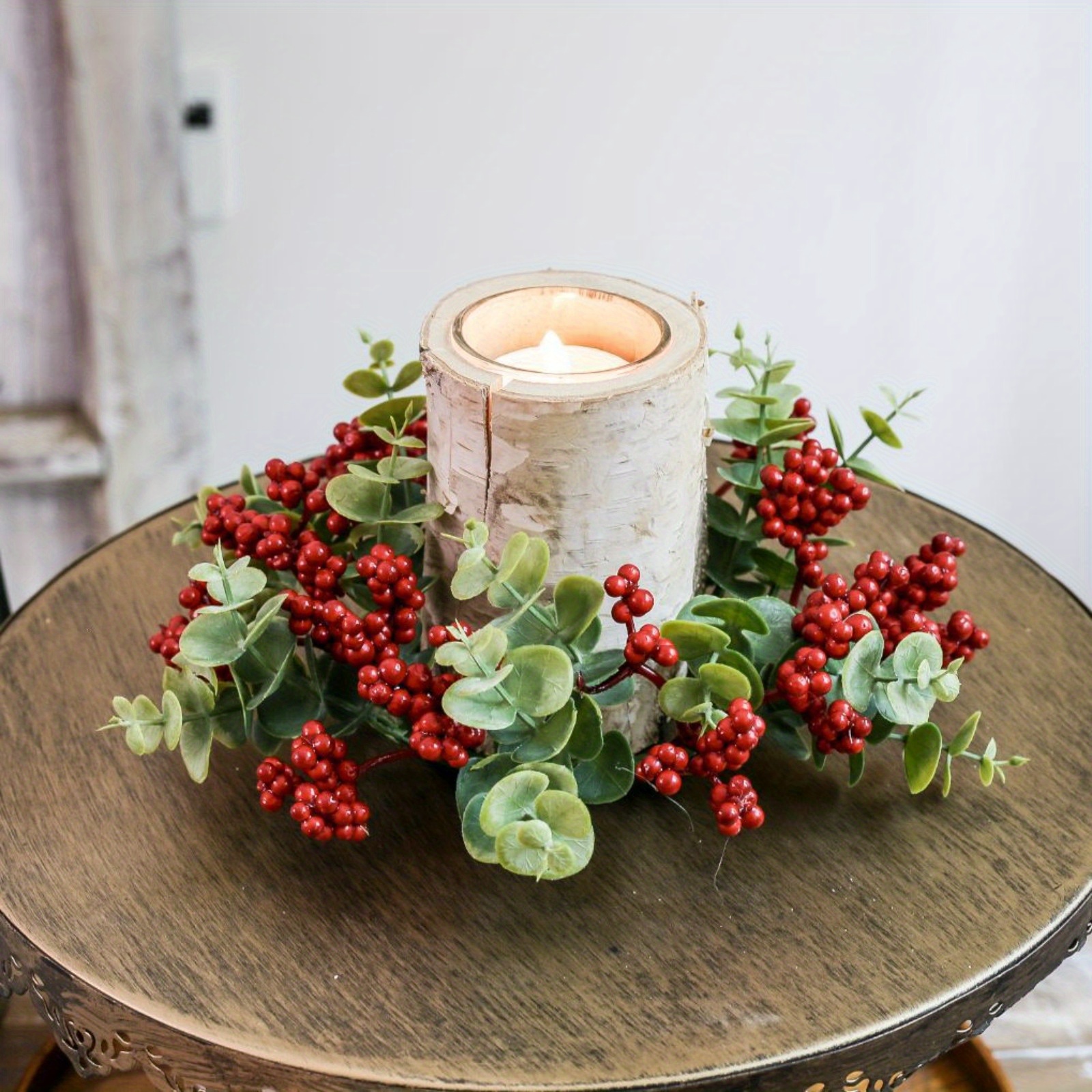 

Festive Scented Candlesticks With Eucalyptus And Red Berries Garlands - Perfect For Christmas Tabletop Decorations