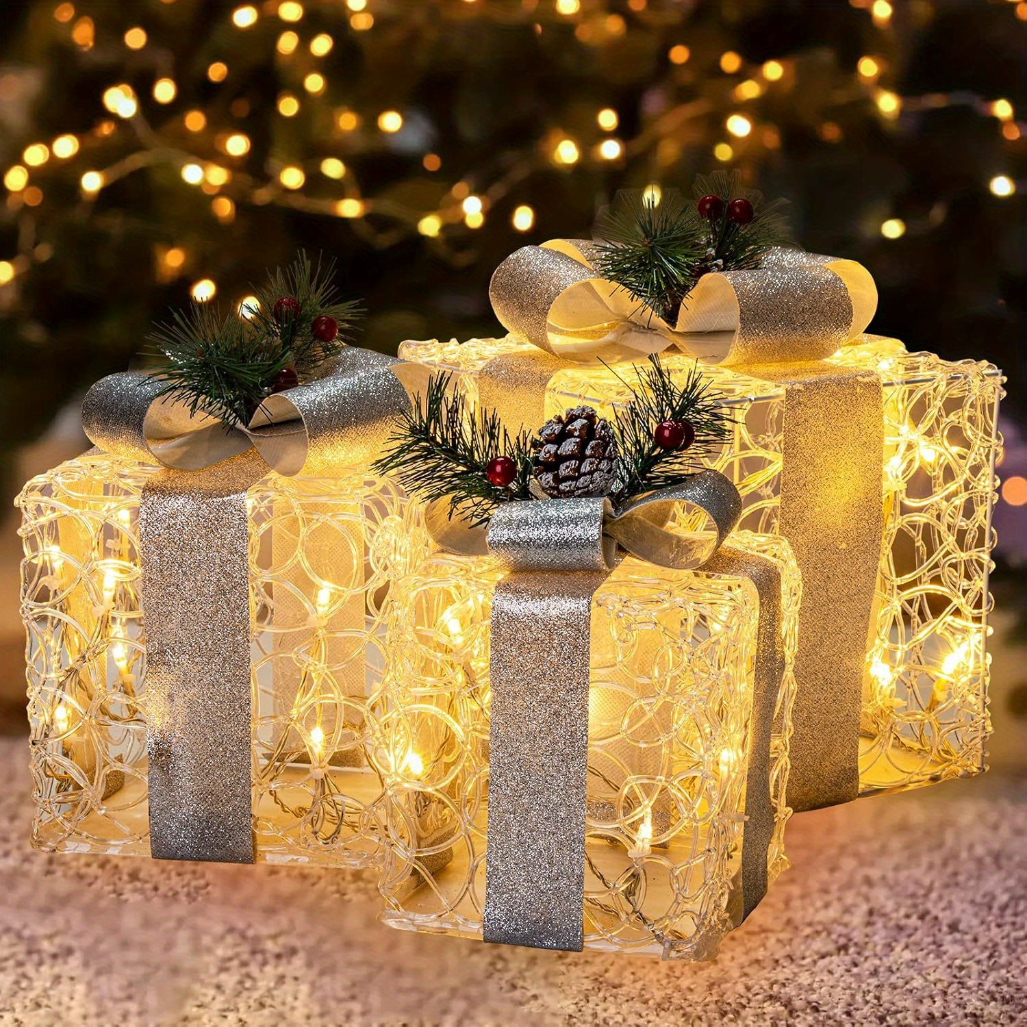 

Set Of 3 Christmas Lighted Gift Boxes Tree Presents For Indoor Christmas Decorations