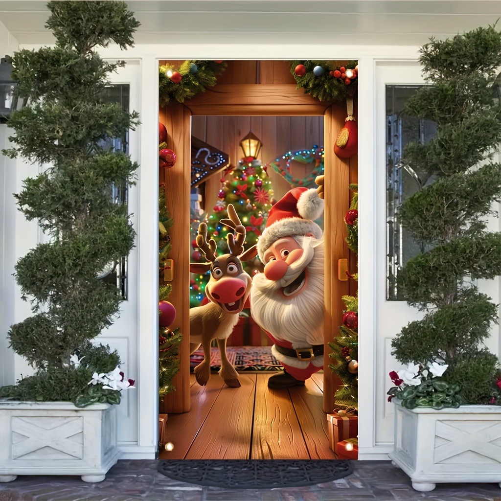 

1 Pack Christmas Door Hanging Decoration - Santa Claus & Reindeer Design Polyester Door Cover - Indoor/outdoor Themed Holiday Decor For Party Backdrop Without Electricity Use