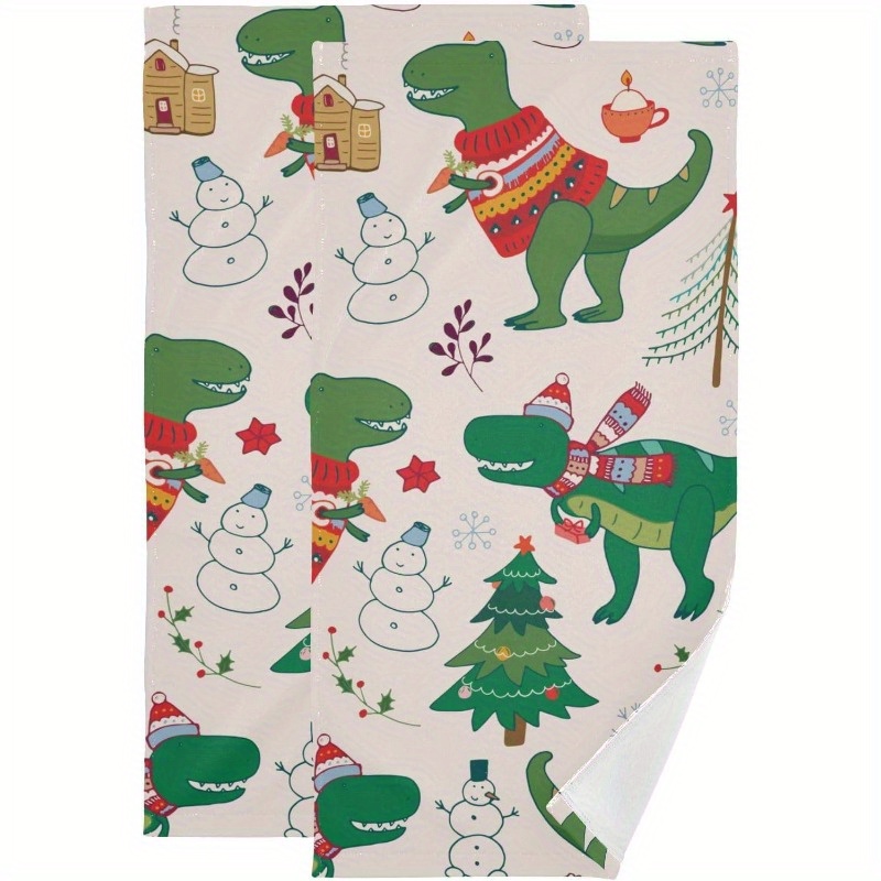 

2pcs Set Christmas Dinosaur Kitchen Towels - Super Soft, Absorbent Polyester Hand & Fingertip Towels For Holiday Decor, 18x26 Inches