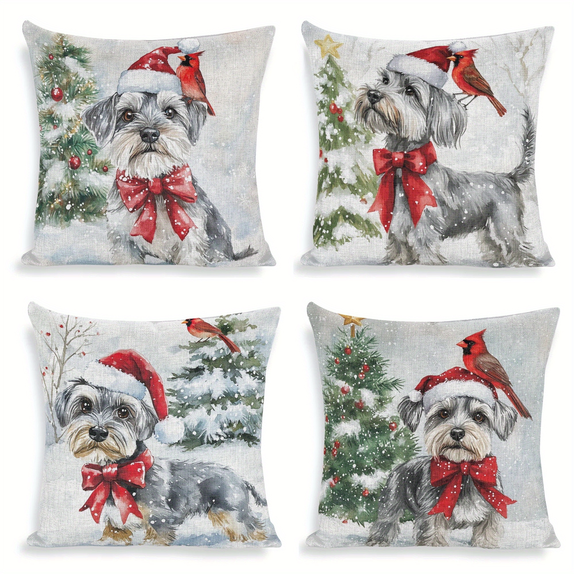 

4-pack Schnauzer & Christmas Tree Linen Throw Pillow Covers 18x18 Inches, Hand-washable Zippered Cushion Cases For Sofa, Chair, Bed, Living Room, Office - Contemporary Woven Pillowcases