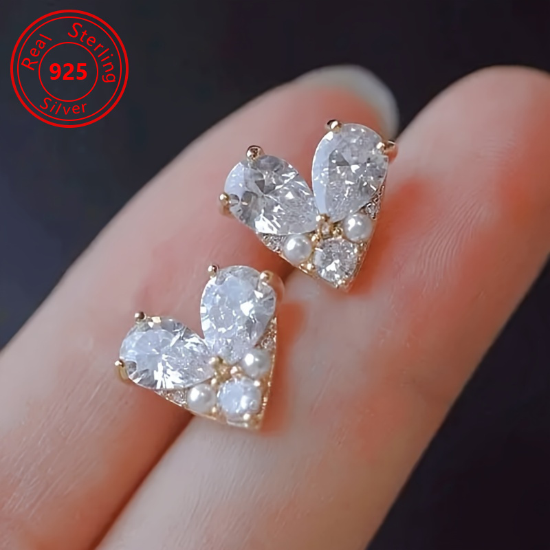 

Pair Of Heart-shaped 925 Sterling Silvery Stud Earrings, Zirconia Luxury, Suitable As Valentine's Day Gift For Women Dating Earrings