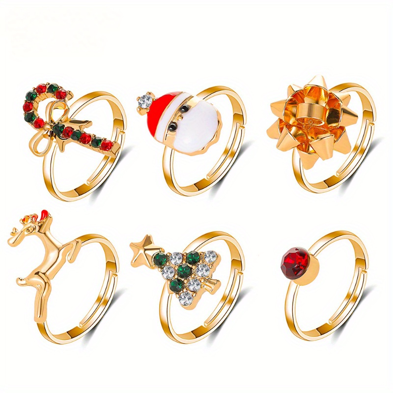 

6pc Adjustable Cartoon Christmas Rings Set - Cute Holiday Winter Theme Open Ring Pack - Zinc Alloy Festive Santa, Reindeer, Christmas For Daily Wear And Festival Celebrations