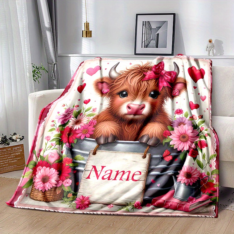 TEMU Custom Name Blanket Cute Cow Flower Printed On And Warm Blanket Great Holiday Gift For Family And Suitable For Camping And Travel