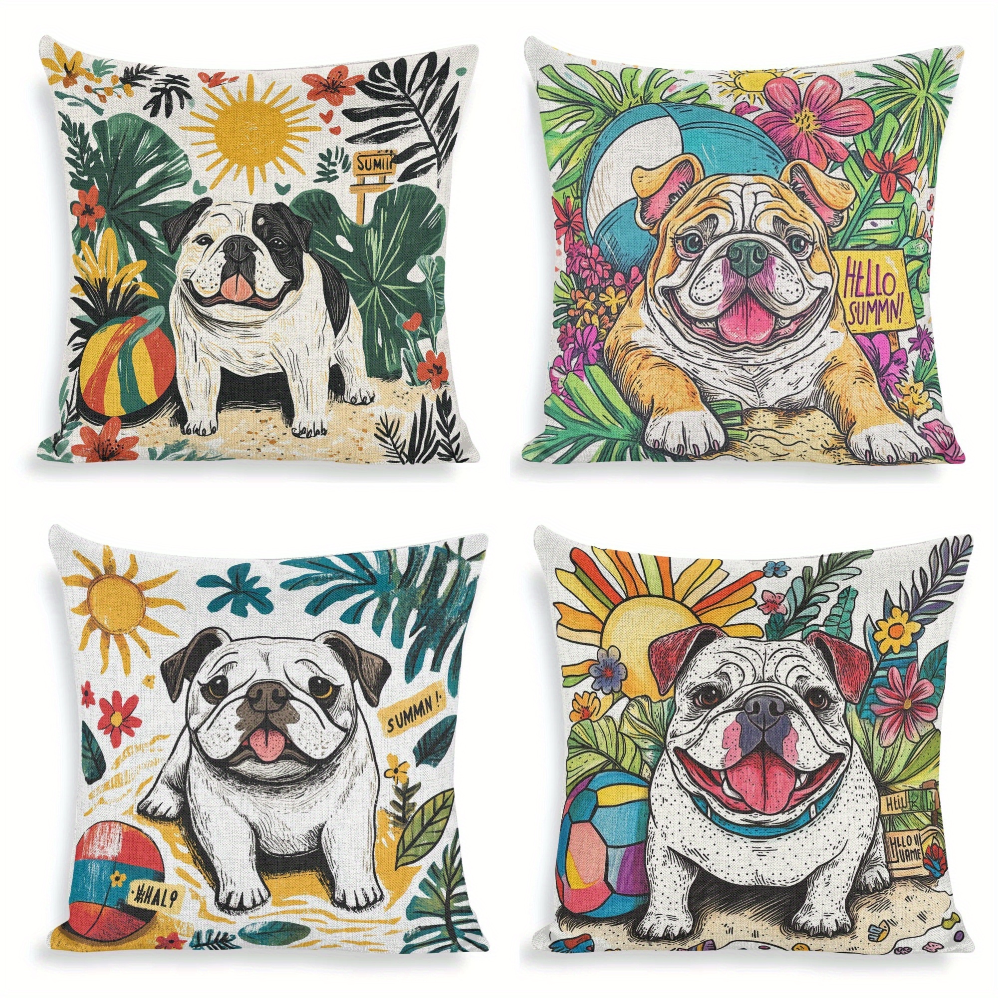 

4pcs Set Beach Sun Bulldog Decorative Pillow Covers, 18x18 Inch Square - Zippered Polyester Cushion Cases For Sofa, Bedroom, Car & Office