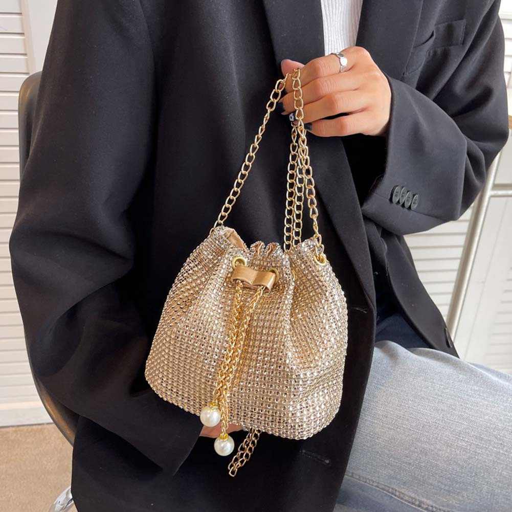 

Women's Fashion Shoulder Bag - Solid Synthetic Drawstring Bucket With Rhinestone Detailing For Dinner Parties, Polyester Lined, Hand Washable - Mixed Color