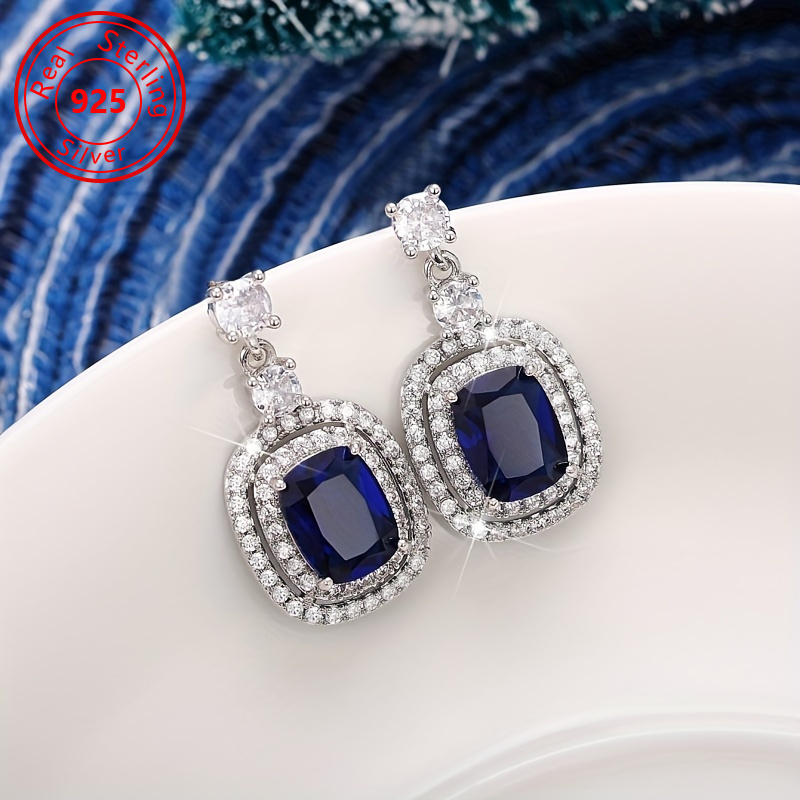 

A Pair Of S925 With Flashing Blue Pendants - Silvery To Prevent Allergies, Oval Cut And Micro- Cz Side Stones - Women's Jewelry For Parties And , Gift