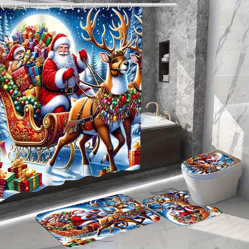 

Festive Christmas Shower Curtain Set - 1pc Or 4pcs Option With Non-slip Bath Mat, U-shaped Toilet Rug, Lid Cover & 12 Hooks - Waterproof, Machine Washable Polyester Bathroom Decor