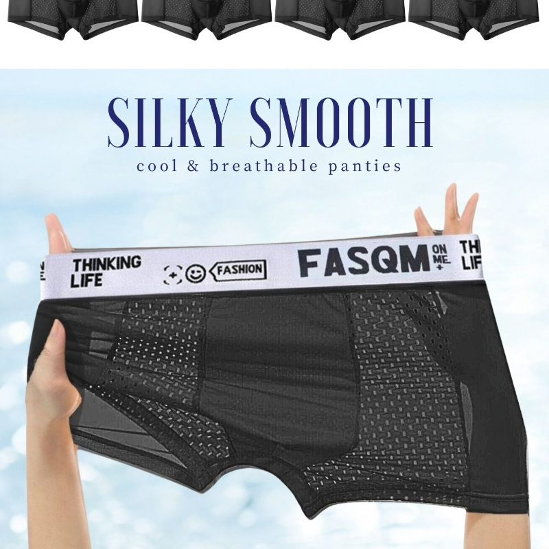 

4pcs Men's Icy Charm Comfy Boxers , Mesh Patch Breathable Comfy Stretchy Trunks, Men's Casual Plain Color Underwear Black Deep Gray Color Letter Print Waist Band