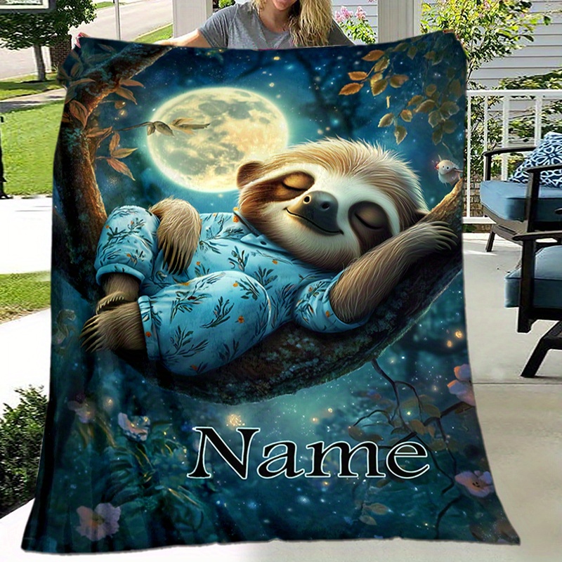 

Personalized Sloth Flannel Throw Blanket With Custom Name - Polyester Cozy Knitted All-season Animal Print Digital Throw For Napping, Camping, And Travel - Soft Warm Gift For Family Friends