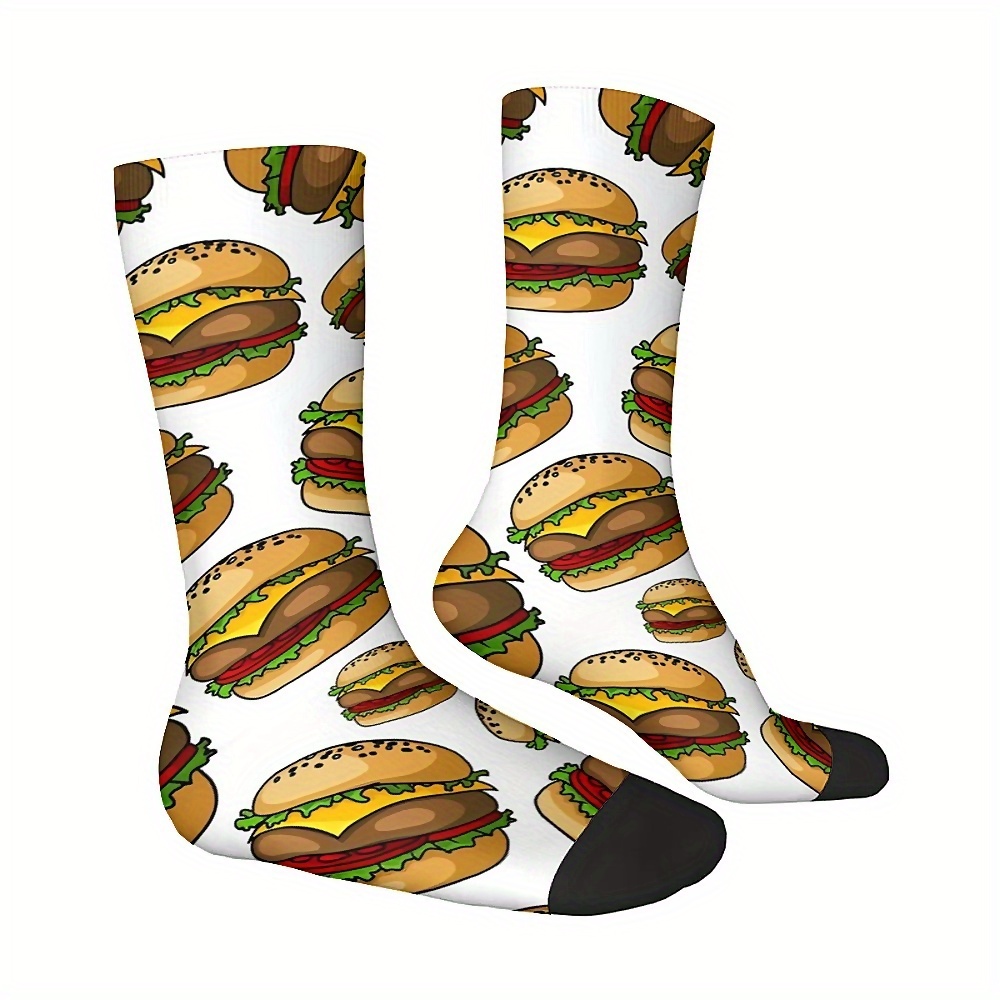 

Men's Knit Polyester Crew Socks With Burger Print - Breathable Comfort Mid-calf Length Socks With 95% Polyester & 5% Spandex - Machine Washable Novelty Pattern Socks For Casual & Outdoor Wear