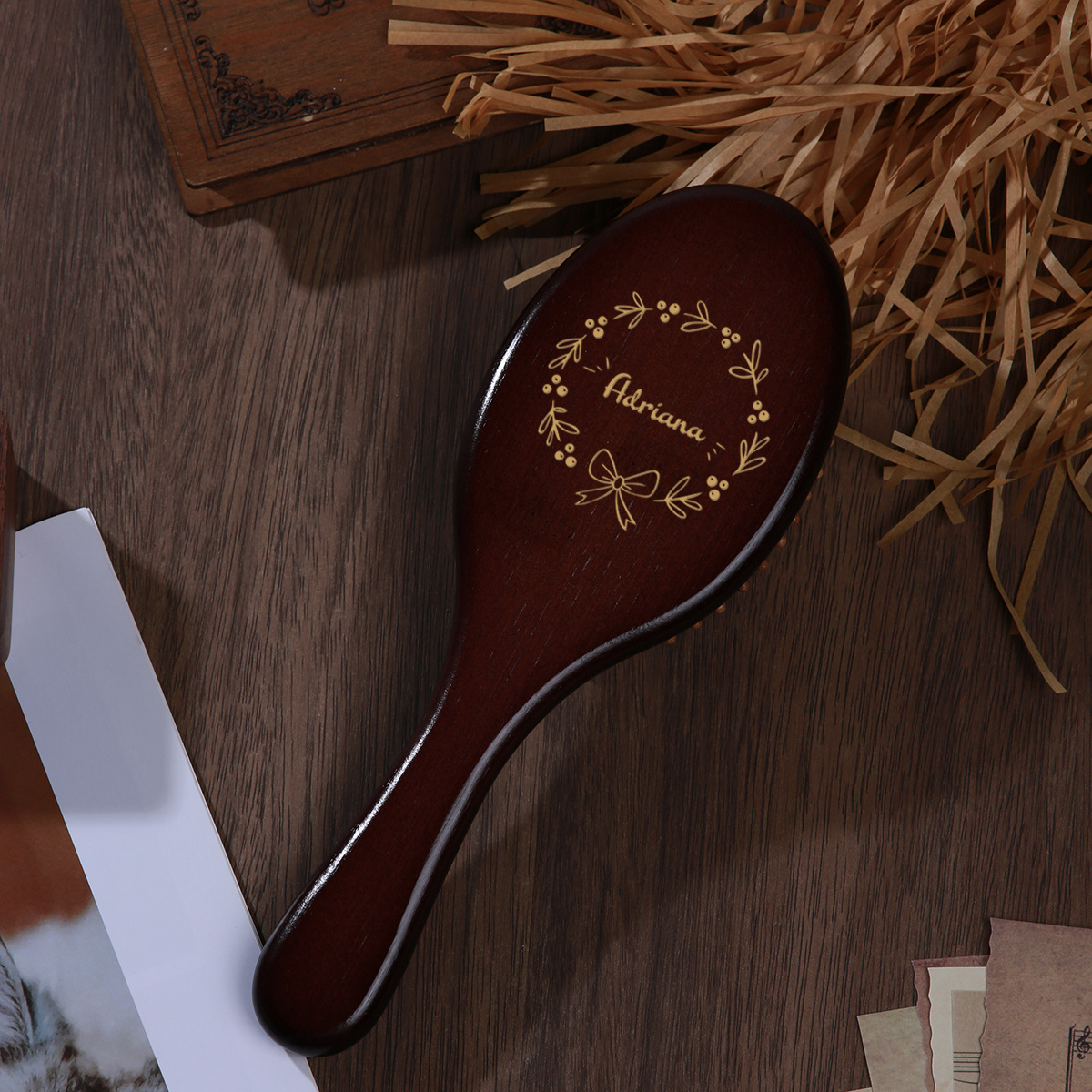 Image of 1pc Custom Name Creative Leaf And Bow Comb Personalized Wooden Hair Comb Laser Engraved Bridesmaid Gift Birthday Girl Party Decoration For Suitable For All Hair Types Christmas Gift