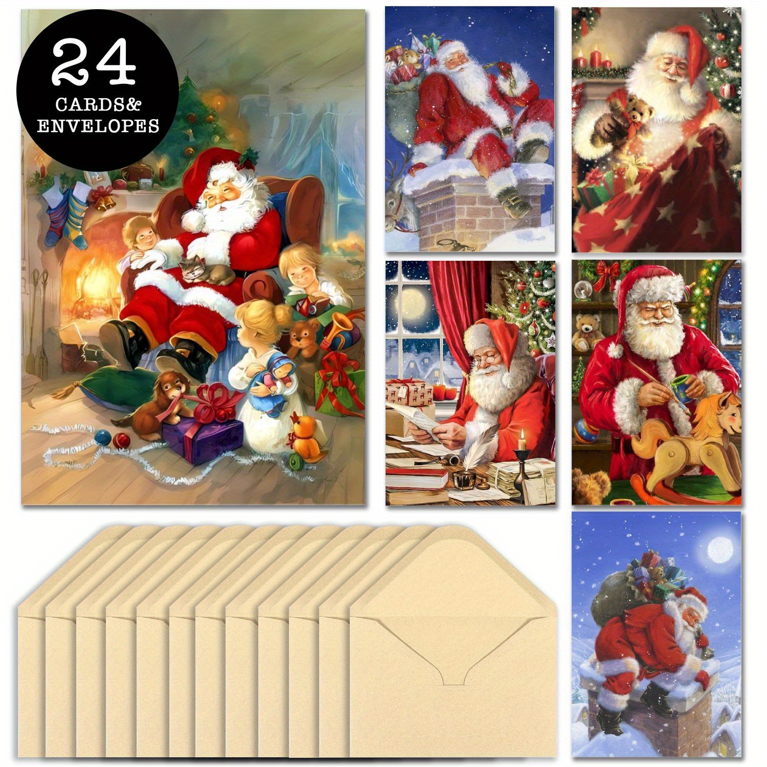 

24pcs Vintage Santa Claus Christmas Card Set With Envelopes - Family & Friends, Includes Bell, Chimney & - Ideal For Holiday Greetings, Party Invitations & Gift Packaging