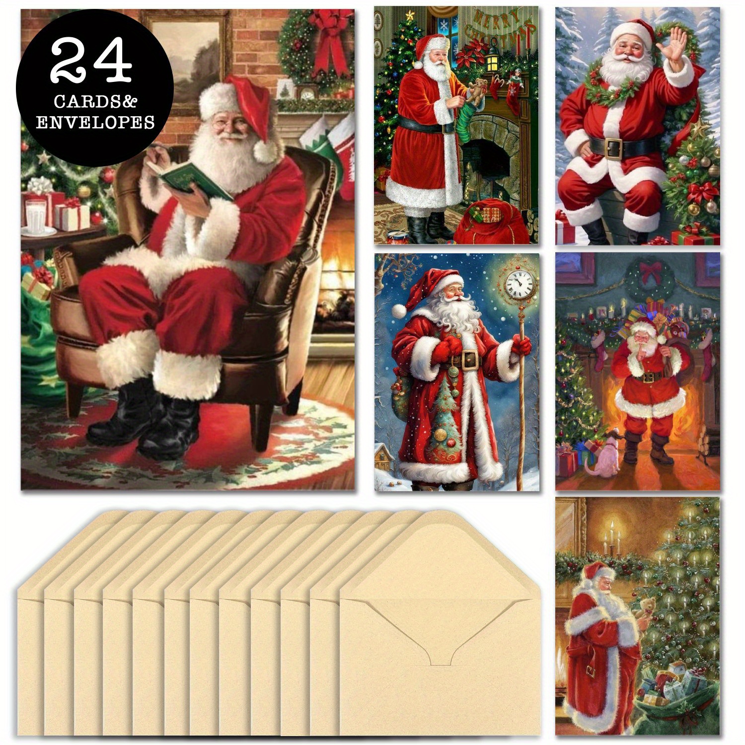 

24pcs Vintage Santa Claus Christmas Cards With Envelopes - Holiday Greetings, Party Invitations & Gift