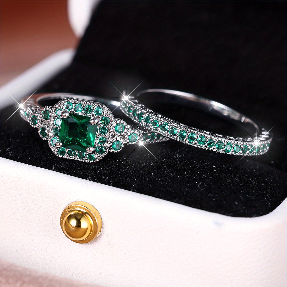 TEMU 2-piece Ring Set For - Cut Green Stone Synthetic Zirconia Synthetic Color Jewelry