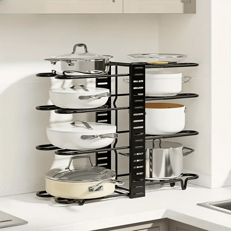 TEMU Pot Rack Organizer, 8 Tiers Pan Rack Holder Stand Detachable Pot Lid Rack Length Adjustable Shelf Cookware Holders Cabinet Pantry With 3 For