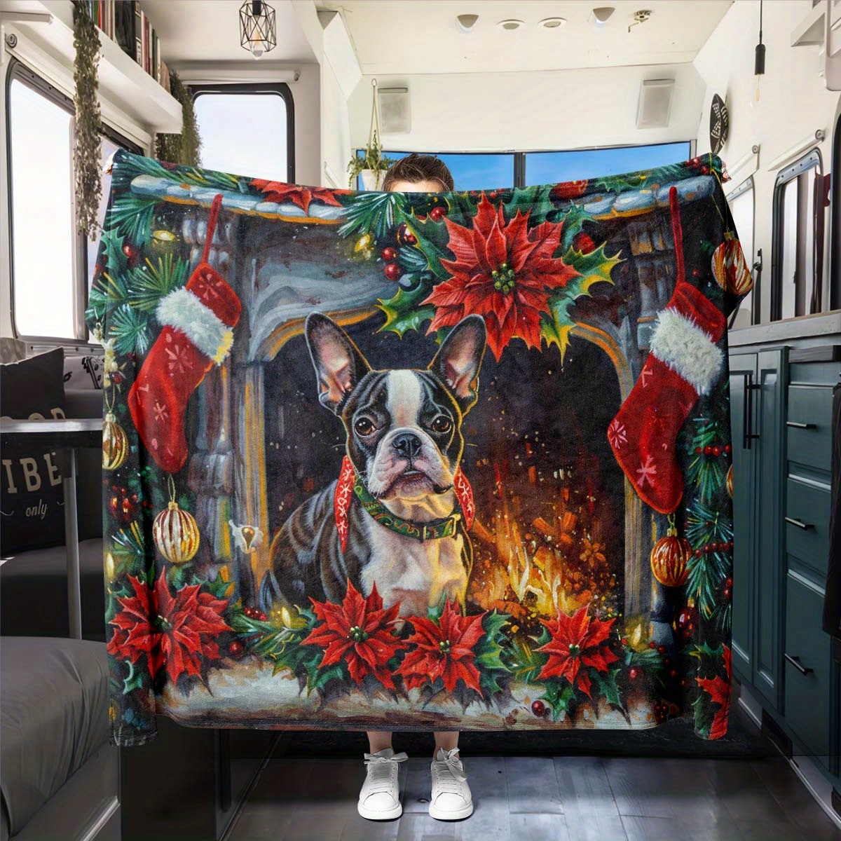 

Fleece Blanket - Polyester Dog Pattern For , , Nap - Christmas Holiday Stockings And Poinsettias - 100% Polyester