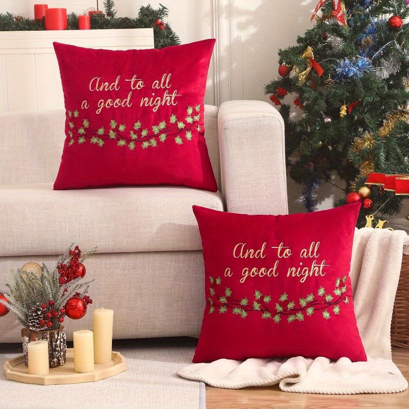 

2-pack 18x18 Christmas Holiday Cushion Covers, Red Decorative Throw Case Set With Embroidered Green Holly Leaves And Quote, Rectangular Polyester Slipcovers For Sofa, Chair, And Home Décor